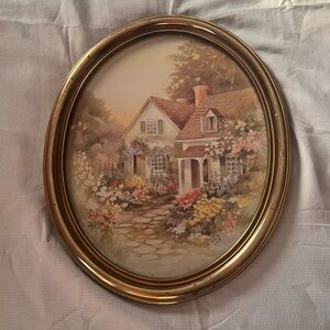 Vintage Lee K. Parkinson Country Cottage set in Oval Art Deco Syroco Frame
